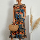 Women Summer Fashion Style Short Sleeve Print O-neck Fold with Pockets Midi Dress