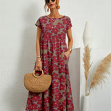 Women Summer Fashion Style Short Sleeve Print O-neck Fold with Pockets Midi Dress