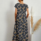 Women Summer Fashion Style Short Sleeve Print O-neck Fold with Pockets Midi Dress