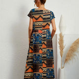 Women Summer Fashion Style Short Sleeve Print O-neck Fold with Pockets Midi Dress