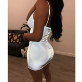 Women Summer Sequin Glitter Strap Mini Dress Sexy Ladies V Neck Bodycon Beach Backless Short Mini Sundress