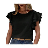 Women Shirt O-neck Ruffle Short Sleeve Pullover Solid Color Blouse