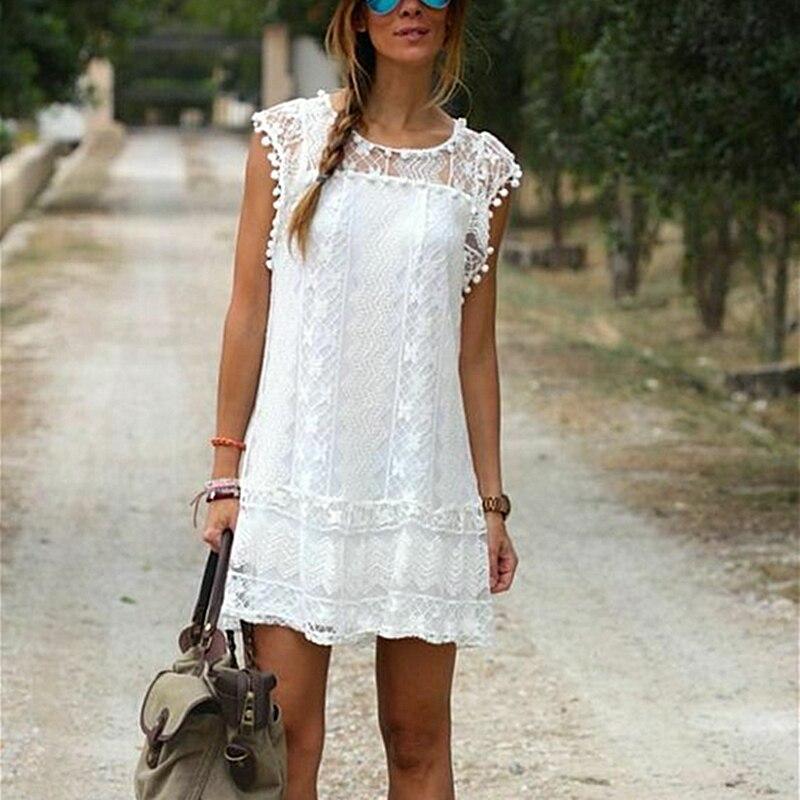 Women Summer Short Mini Dress Lace Chiffon Dress