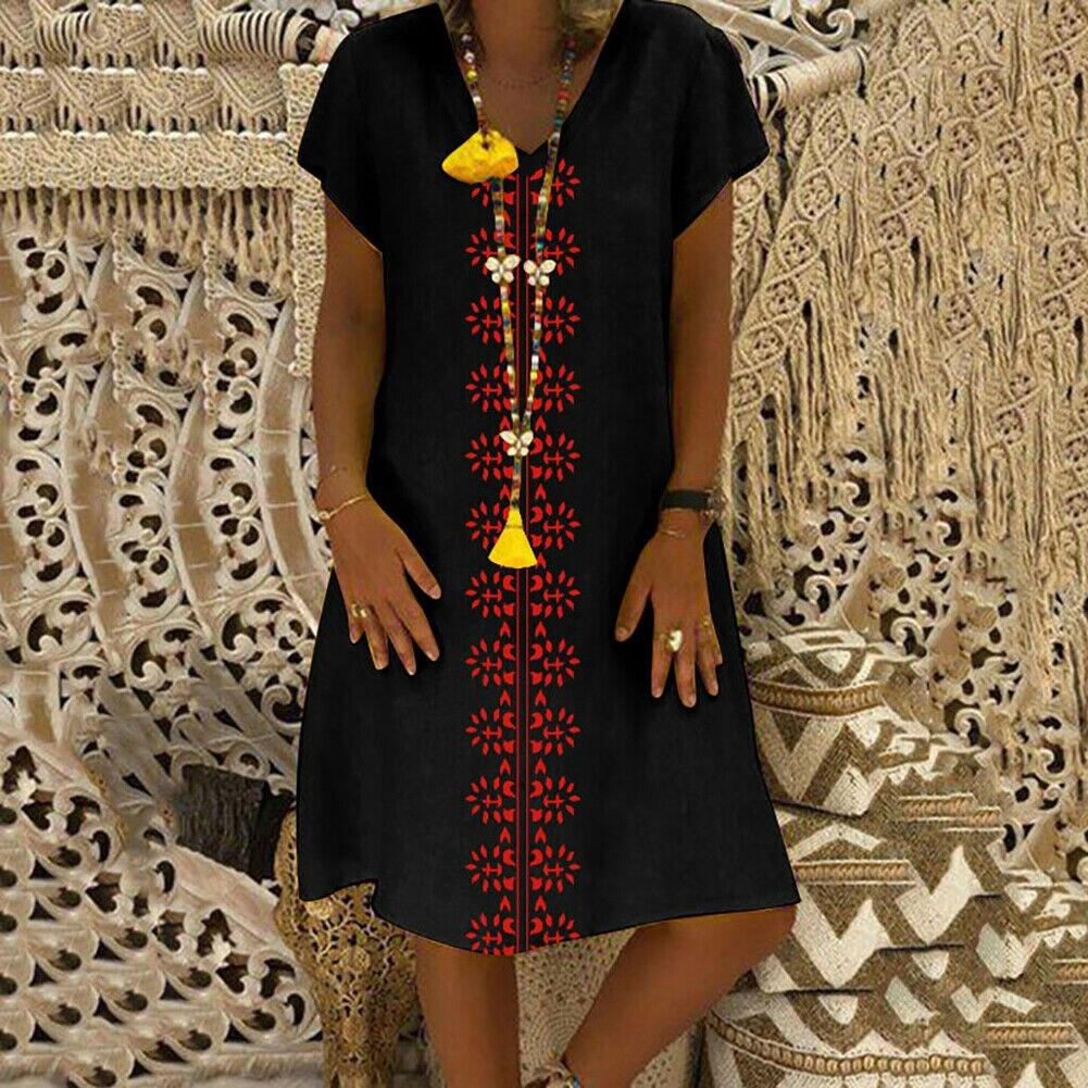 Women Summer Short Sleeve Cotton Linen Long Maxi Dress Fashion Ladies Casual Loose Beach Kaftan Dresses Sundress
