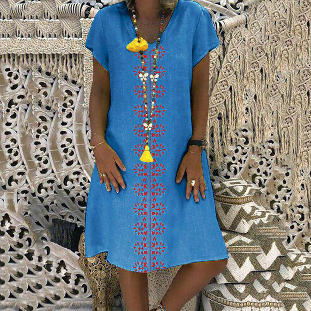Women Summer Short Sleeve Cotton Linen Long Maxi Dress Fashion Ladies Casual Loose Beach Kaftan Dresses Sundress
