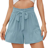 Women Summer High Waist Bow-knot Lace Up Loose Elastic Waist Patchwork Above Knee Length Female Pants Short