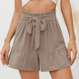 Women Summer High Waist Bow-knot Lace Up Loose Elastic Waist Patchwork Above Knee Length Female Pants Short