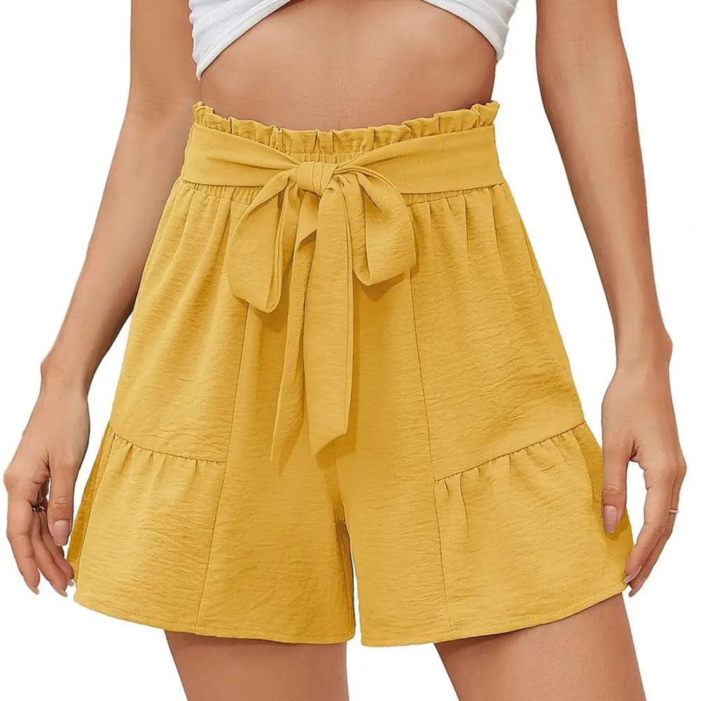 Women Summer High Waist Bow-knot Lace Up Loose Elastic Waist Patchwork Above Knee Length Female Pants Short