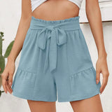 Women Summer High Waist Bow-knot Lace Up Loose Elastic Waist Patchwork Above Knee Length Female Pants Short