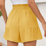Women Summer High Waist Bow-knot Lace Up Loose Elastic Waist Patchwork Above Knee Length Female Pants Short