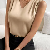 Summer Casual Color Sleeveless V-Neck Satin Fabric Blouse