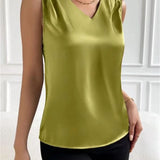 Summer Casual Color Sleeveless V-Neck Satin Fabric Blouse