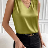 Summer Casual Color Sleeveless V-Neck Satin Fabric Blouse