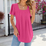 Square Pleated Short Sleeve Women's Casual Summer Street Outfit Blouse