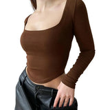Women U-Neck Long Sleeves Color Skinny Navel Crop Top