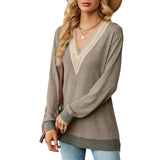 Women V Neck Patchwork Color Matching Hollow Out Mid Length Blouse