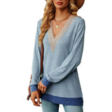 Women V Neck Patchwork Color Matching Hollow Out Mid Length Blouse