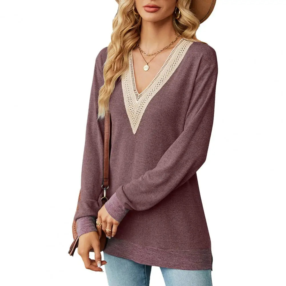 Women V Neck Patchwork Color Matching Hollow Out Mid Length Blouse