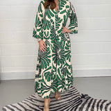 Vintage Print Turn-down Collar Long Sleeve Maxi Boho Dress