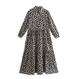 Vintage Print Turn-down Collar Long Sleeve Maxi Boho Dress
