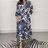 Vintage Print Turn-down Collar Long Sleeve Maxi Boho Dress