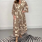 Vintage Print Turn-down Collar Long Sleeve Maxi Boho Dress