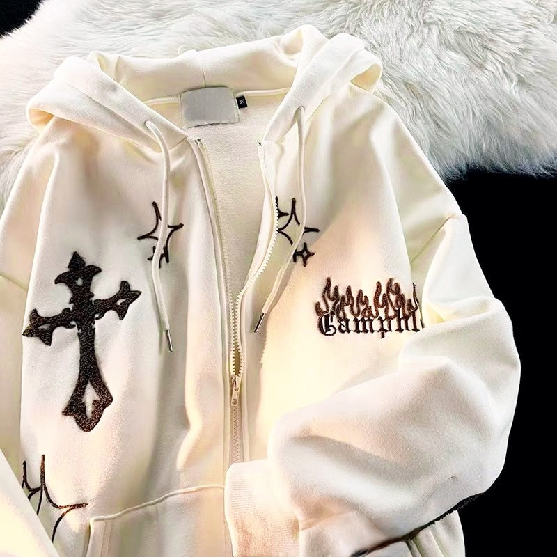 Vintage Zip Up Letter Print Hoodies