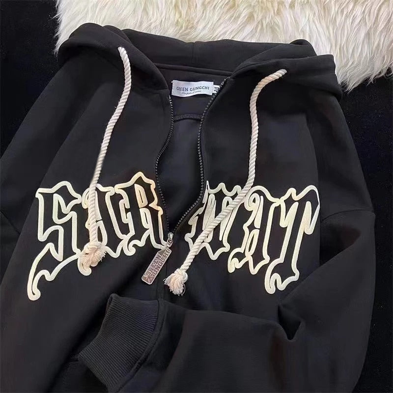 Vintage Zip Up Letter Print Hoodies