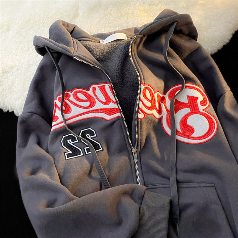 Vintage Zip Up Letter Print Hoodies