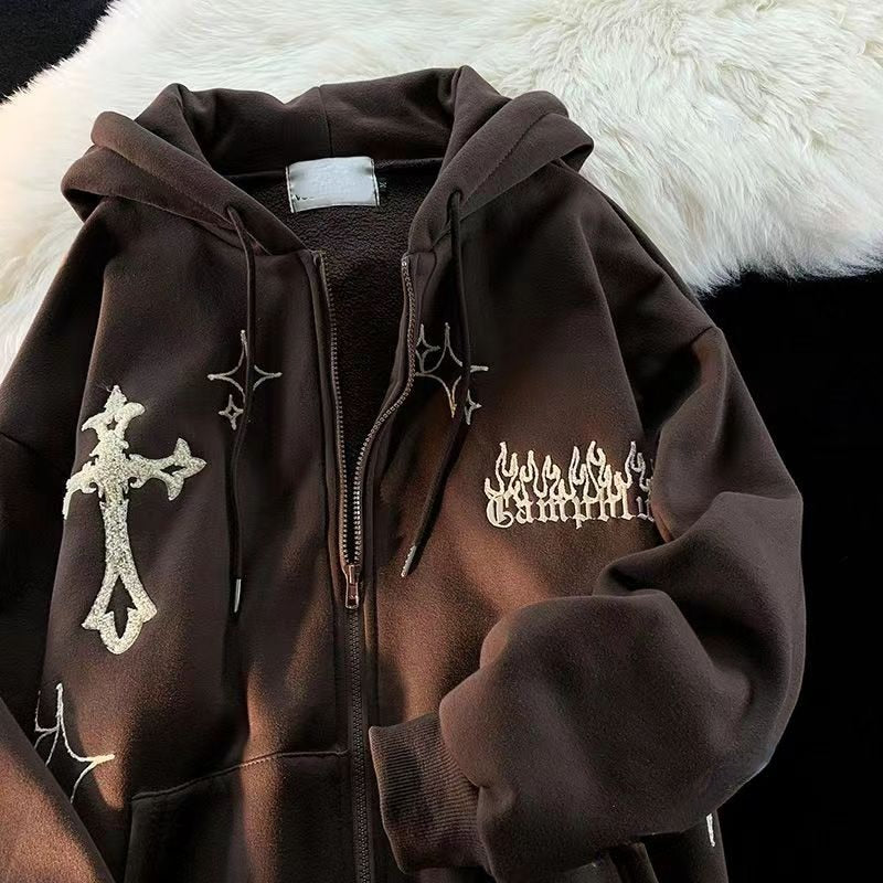 Vintage Zip Up Letter Print Hoodies
