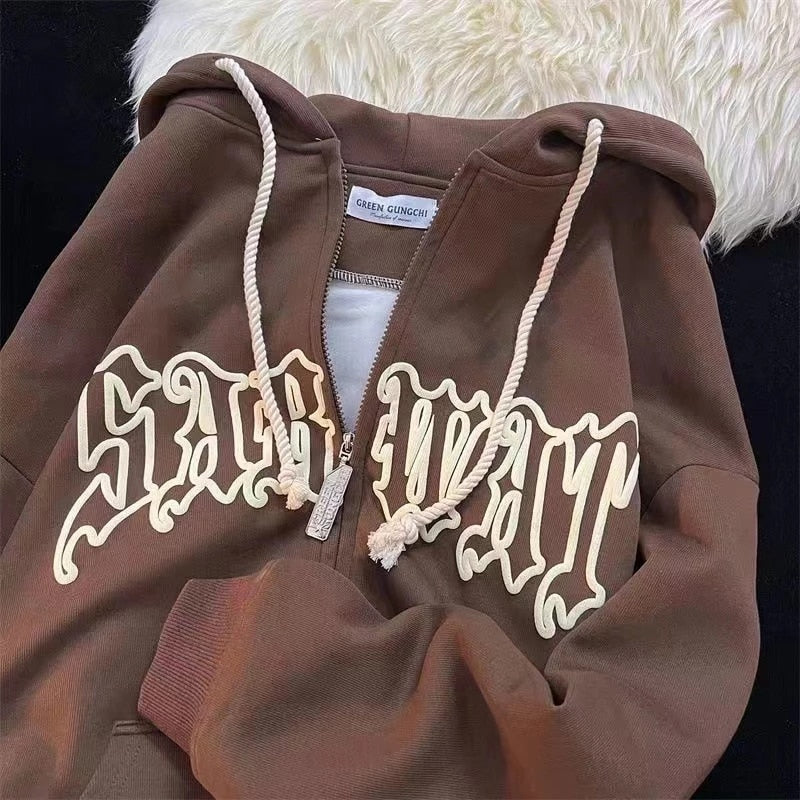 Vintage Zip Up Letter Print Hoodies