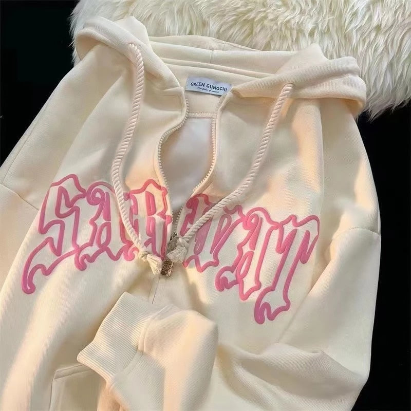 Vintage Zip Up Letter Print Hoodies