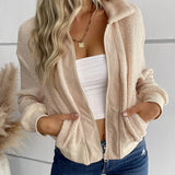 Women Winter Sherpa Lapel Collar Zipper Blouses Tops Casual Shirt Female Clothes Outwear Fashion Coat