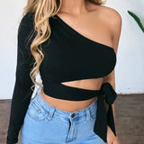 Bandage Long Sleeve One-shoulder Bow-tie Elastic Cold Shoulder Sexy Crop Tops