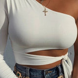 Bandage Long Sleeve One-shoulder Bow-tie Elastic Cold Shoulder Sexy Crop Tops