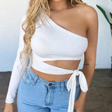 Bandage Long Sleeve One-shoulder Bow-tie Elastic Cold Shoulder Sexy Crop Tops