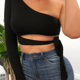 Bandage Long Sleeve One-shoulder Bow-tie Elastic Cold Shoulder Sexy Crop Tops