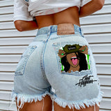 Women's High Street INS Net Red Playful Girl Pattern Printed Denim Shorts