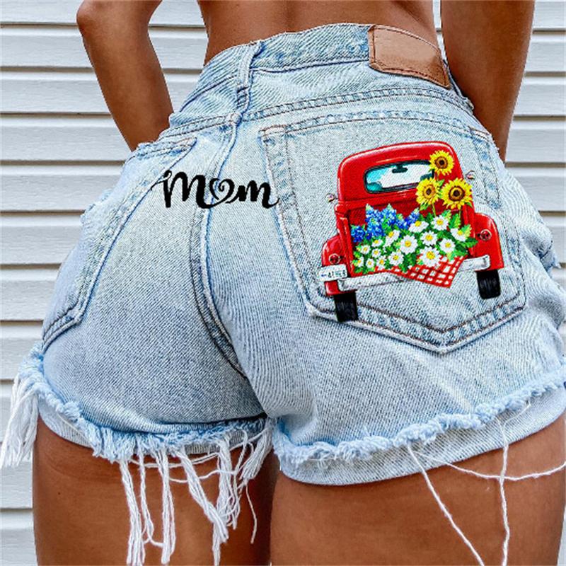 Women's High Street INS Net Red Playful Girl Pattern Printed Denim Shorts
