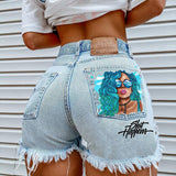 Women's High Street INS Net Red Playful Girl Pattern Printed Denim Shorts
