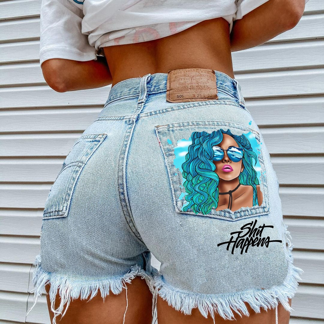 Women's High Street INS Net Red Playful Girl Pattern Printed Denim Shorts