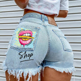 Women's High Street INS Net Red Playful Girl Pattern Printed Denim Shorts