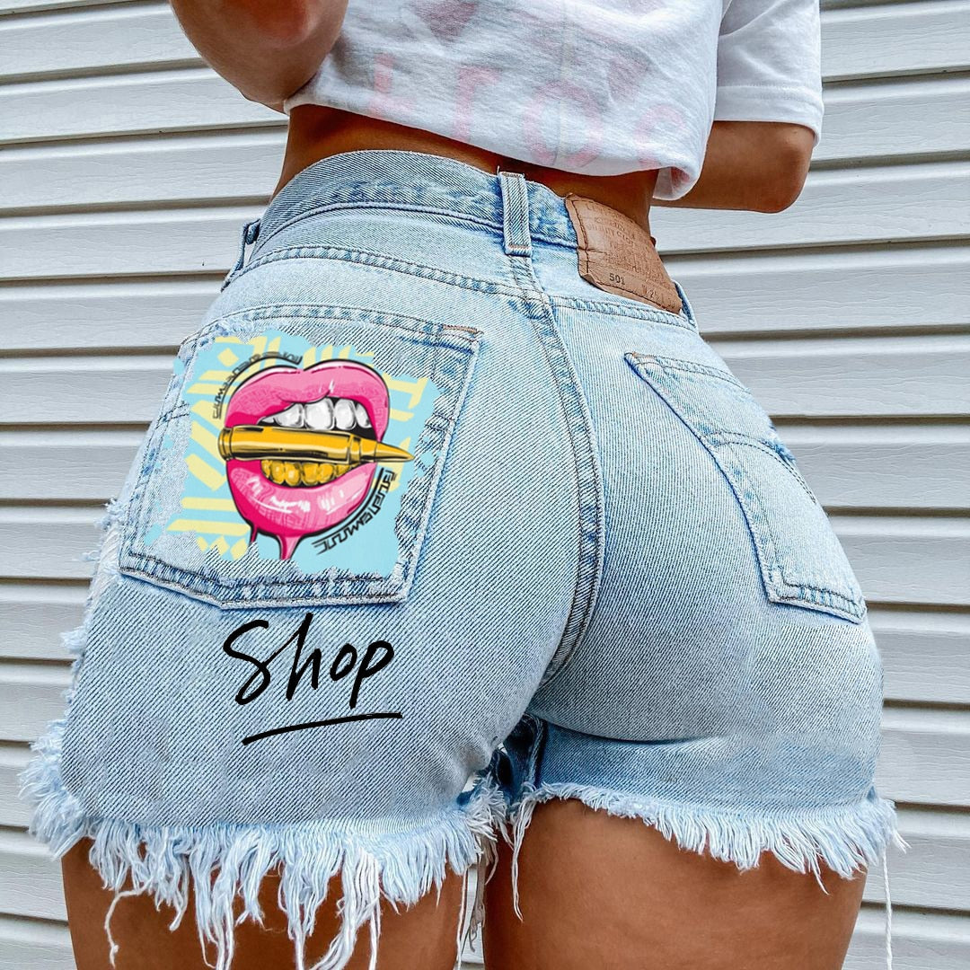 Women's High Street INS Net Red Playful Girl Pattern Printed Denim Shorts
