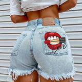 Women's High Street INS Net Red Playful Girl Pattern Printed Denim Shorts