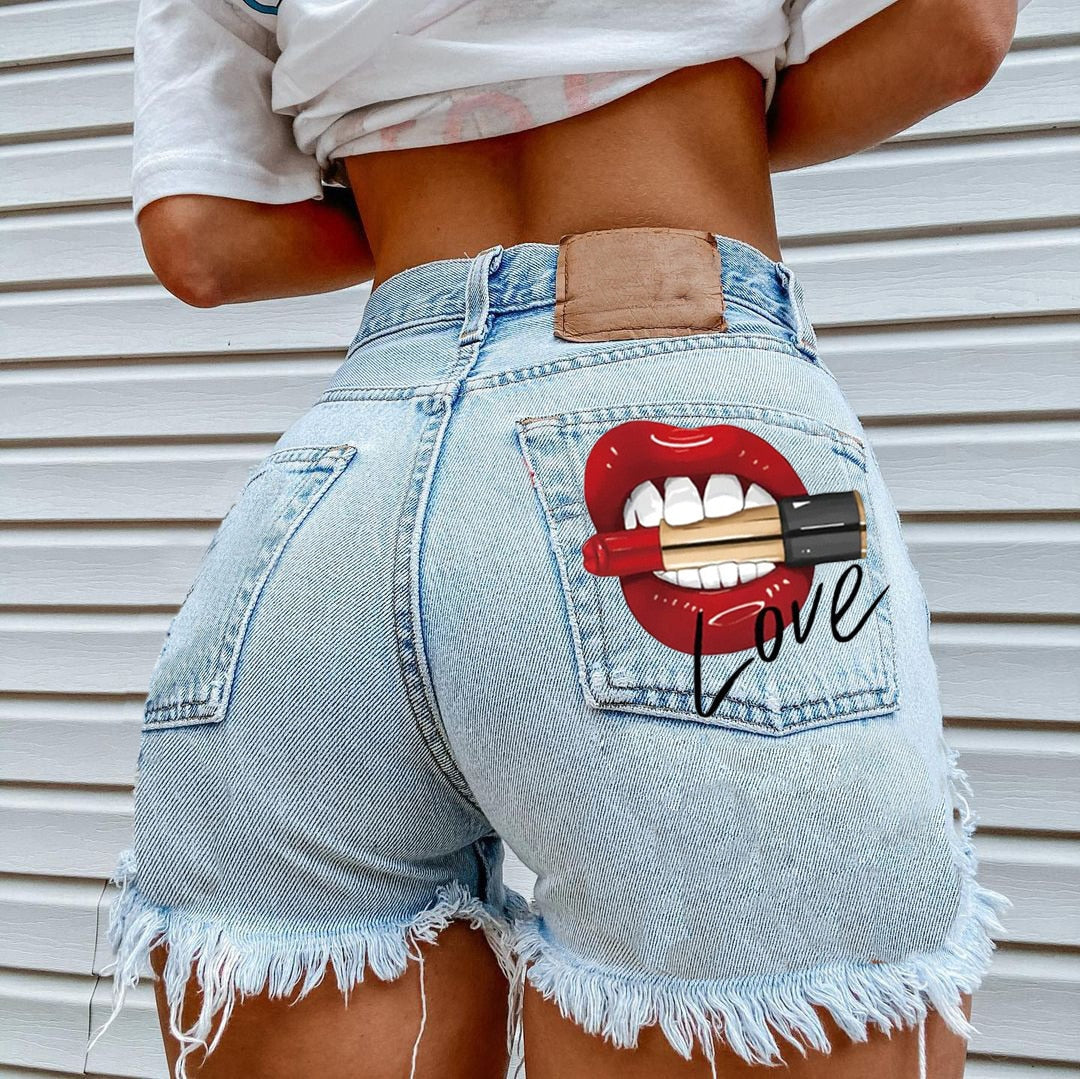 Women's High Street INS Net Red Playful Girl Pattern Printed Denim Shorts