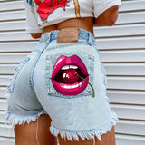 Women's High Street INS Net Red Playful Girl Pattern Printed Denim Shorts