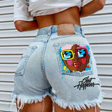Women's High Street INS Net Red Playful Girl Pattern Printed Denim Shorts