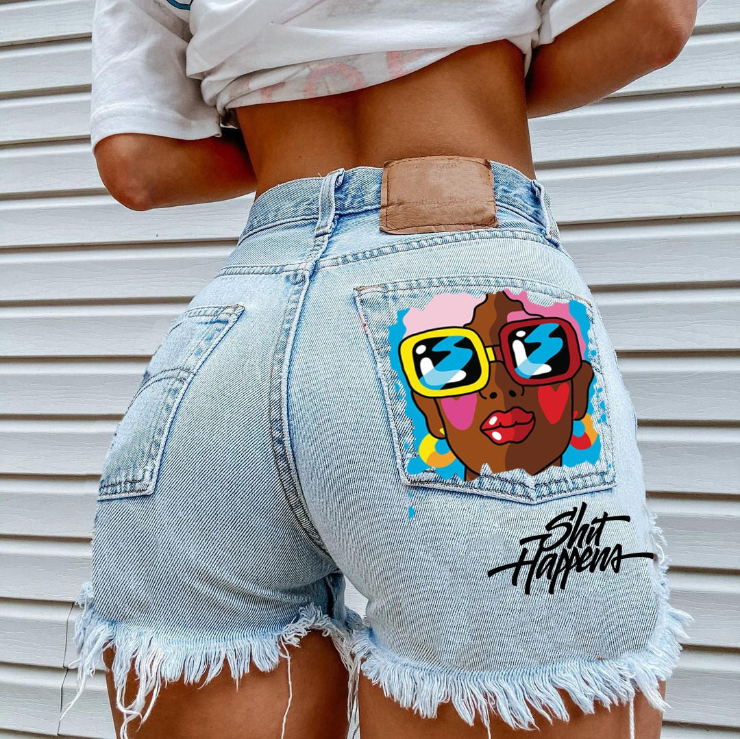 Women's High Street INS Net Red Playful Girl Pattern Printed Denim Shorts