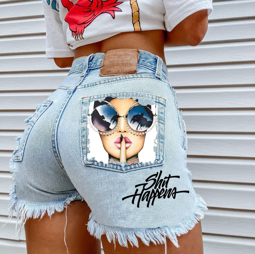 Women's High Street INS Net Red Playful Girl Pattern Printed Denim Shorts