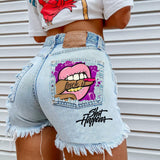 Women's High Street INS Net Red Playful Girl Pattern Printed Denim Shorts